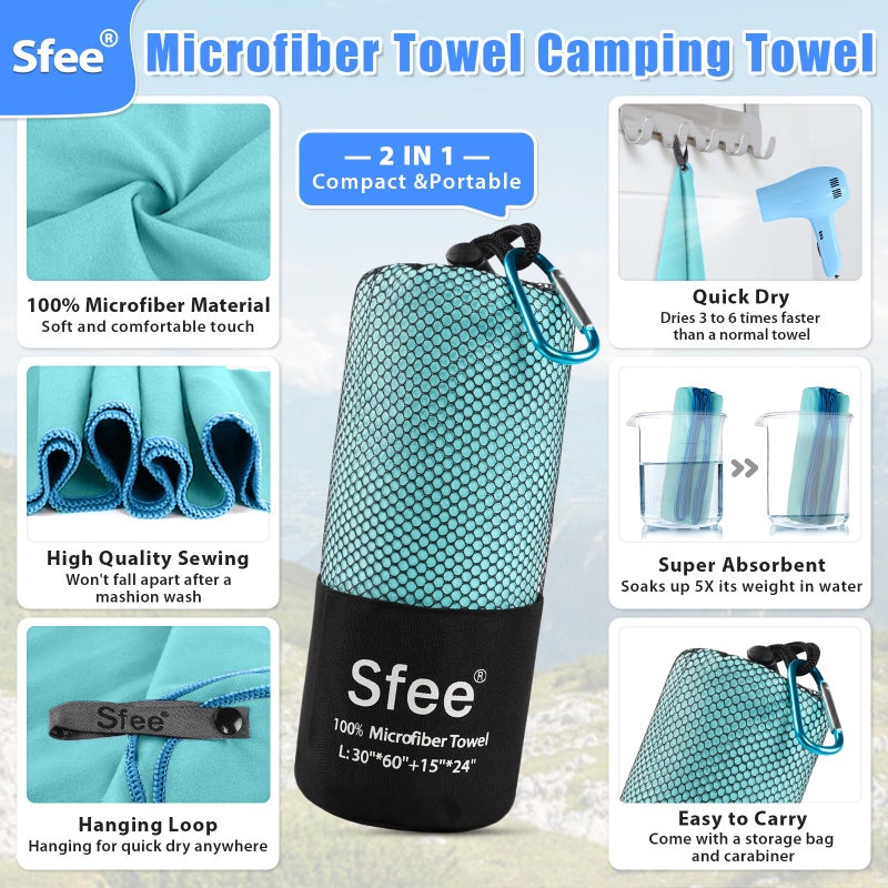 Sfee 2 Pack Microfiber Travel Towel, Quick Dry Towel Camping Towel Large Beach Towel Super Absorbent Compact Lightweight Sport Gym Towels for Beach, Gym, Hiking, Pool, Backpacking, Bath, Yoga - Image 2